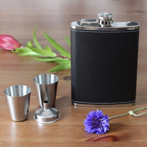 New black leather hip flask - new,