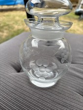 Etched Glass Jar With Stopper 14cm Tall Opening 7cm Stopper 6cm Tall.