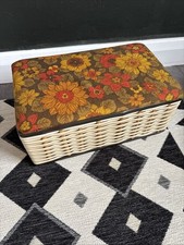 Vintage Lined Sewing Box And Contents Floral Cotton Needles 1960s Rattan White
