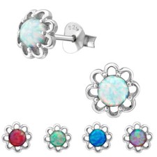 7mm Sterling Silver and Coloured Lab Opal Flower Stud Earrings * Box + Gift Bag