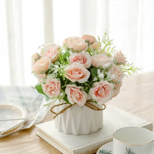 Artificial Flowers with Ceramic Vase Faux Silk Rose Fake Plants in Pots