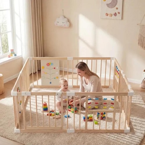 Wooden baby playpen - playpen, adjustable