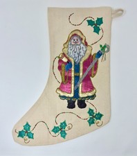 Hand Painted Mixed Media Glitter Christmas Tree Stocking on Canvas 17.5 In.