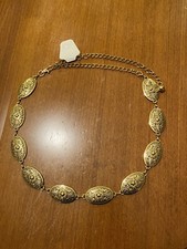 Vintage Style Engraved Metal Conchos Gold tone Chain Belt