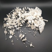 Vtg Bridal Headpiece Floral Hair Comb Wedding Accessory White Lace Leaves Beads