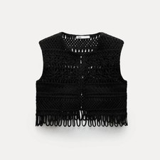 ZARA Black Macrame Cropped Vest Gilet Waistcoat with Fringing Size L 2142/119
