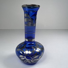 Venetian - Blue Glass Bud Vase - Silver Floral Detail - 11.5cm Tall - VGC