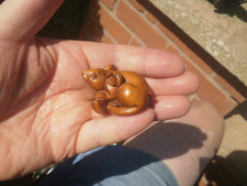 Hand Carved wood netsuke mouse with gold collectable boxwood figure