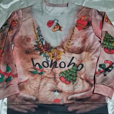 *UGLY CHRISTMAS JUMPER* nude Hairy Man Tattoos Cat Skulls Hands Hohoho Xmas