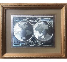 Vintage World Map Willem Blaeu Framed Picture Geographic Hydrographic Silver VGC