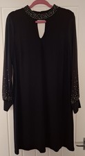 Womens Dress Black With Sheer Sleeves Diamantes Lined Below Knee Length 16 NEW