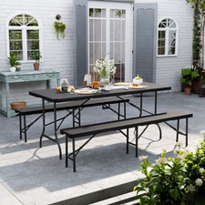 3x Outdoor Dining Set Plastic Rattan Picnic Beer Table Bench Patio Garden Black