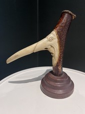 Antique 19C Carved Antler double face Walking Stick Cane with whistle! Folk art