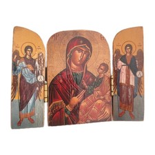 Orthodox Catholic Byzantine Wood Print Mounted Tripytch Icon Theotokos Angels
