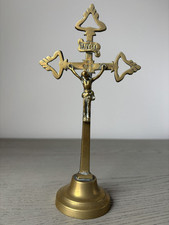 Vintage Antique Solid  Brass Altar Cross Standing Crucifix 7" INRI Jesus Desk