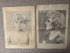  Art Deco 1920s pencil Drawings Sketch pictures Portrait Unframed pair