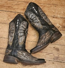 Corral Vintage Black/Silver Leather Cowboy Boots, UK s.6.5, Cross/Wings Design.