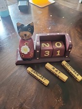 Vintage Wooden Hand Painted Cat Perpetual Calender