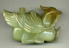 ANTIQUE CHINESE HAND CARVED JADE NEPHRITE STATUE PHENIX BIRD QING XIX° FLOWER