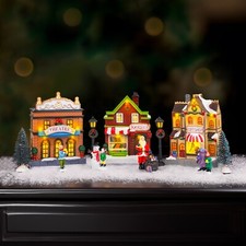 Christmas LED Village Scene 3pc Set Light Up Home Decor Xmas Santa Figure Shop