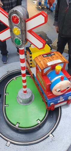 Smiley train kiddy ride takes - train, ride.
