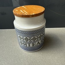 Vintage Hornsea Pottery Blue Tapestry Pattern Tea Canister Jar with Wooden Lid