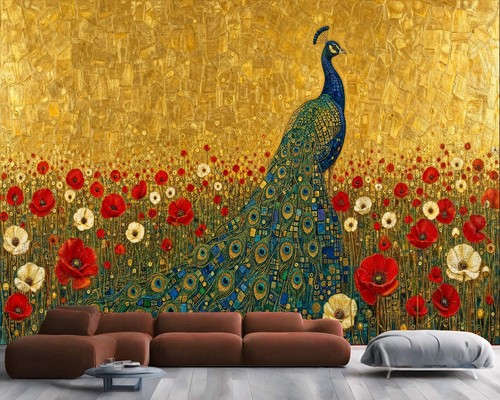 Golden peacock poppy art - golden,