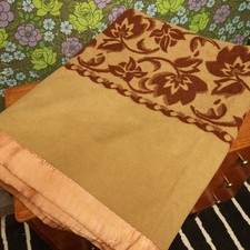 Vintage Double Brown Leaves Flowers Wool Thick Heavy Retro Blanket Bedspread