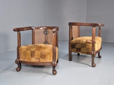 Pair Art Deco Tub Chairs Bergere Back Oak Frame Brown Velour 1930s EB10696 VCAR
