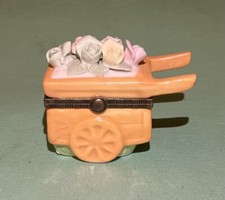 Vintage Capodimonte Style Wheel Barrow Flower Cart Trinket Charm Box, Hinged Lid