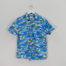 Tropical Hawaiian Camp Shirt Men M Blue Boat All Over Beach Sea CEDAR WOOD STATE