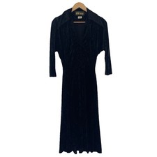 Bus Stop Lee Bender Dress Vintage Black Crushed Velvet Sz 8 Dagger Collar Midi