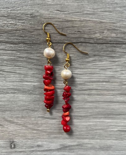 Long drop earrings with red