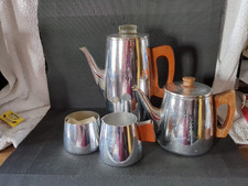 VINTAGE * SONA*  COFFEE POT & TEA POT WITH WOOD HANDLES + SUGAR BOWL & MILK JUG