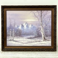 Oil On Canvas Painting Winter Scene Landscape Signed E. Hackett Carved Frame