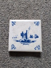 Blue And Cream Delft Style Small Glazed Ceramic Tile 67mm X 67mm X 10mm