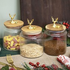 Gold Reindeer Top Glass Storage Jar Ribbed Borosilicate Airtight Acacia Lid Pot