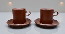 Arabia Ruskka Tall Tea Cups & Saucers Set of 2 Brown Stoneware Finland Pottery