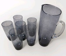 Vintage Amber Glass Jug & 6