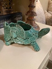 Vintage 1940's Green McCoy Pottery Turtle Planter With Water Lily Motif