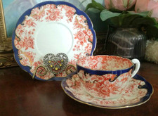 VICTORIAN FLORAL CHINA TRIO COBALT BLUE RUST & GOLD WILEMAN STYLE UNMARKED TRIO