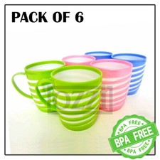 6x Reusable Striped COLOURFUL PLASTIC MUGS Drinking Cups Tea Coffee Camping Kids