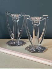 Vintage Art Deco Style Chippendale Clear Glass Pillar Candlesticks