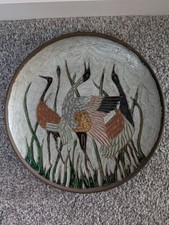 Vintage Brass Round Cranes Birds Pretty Decorative Wall Plate 9.5" Diameter