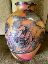 FABULOUS VTG ANTIQUE SILVER OVERLAY LOETZ PEACHY PINK COLORFUL ART GLASS VASE