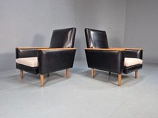 2 Vintage Danish Lounge Chairs Cream Black Vinyl and Teak 1960s MCM EB10228 MNOR