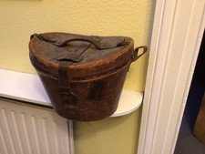 Antique Brown Leather Travel Top Hat Box Case With Grey Topper