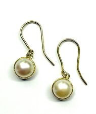Pretty Pearl Round Dangle Earrings Shepherds Hook 9 Carat Yellow Gold Hallmark