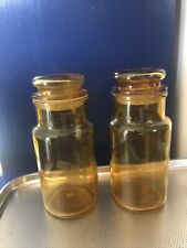 Pair French Vintage Amber Glass Apothecary Storage Jars Lids Containers 17.5cm