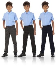Boys Stain Resistant Adjustable Waist Slim Fit School Trousers Black Grey Navy